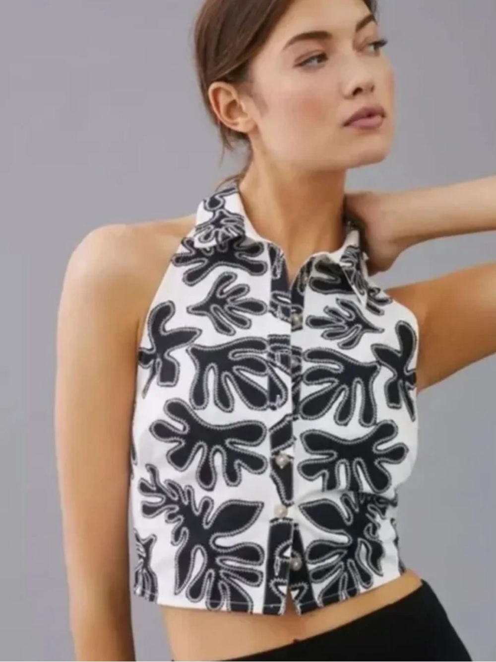 Pilcro Black & White Halter Crop Top with Graphic Print